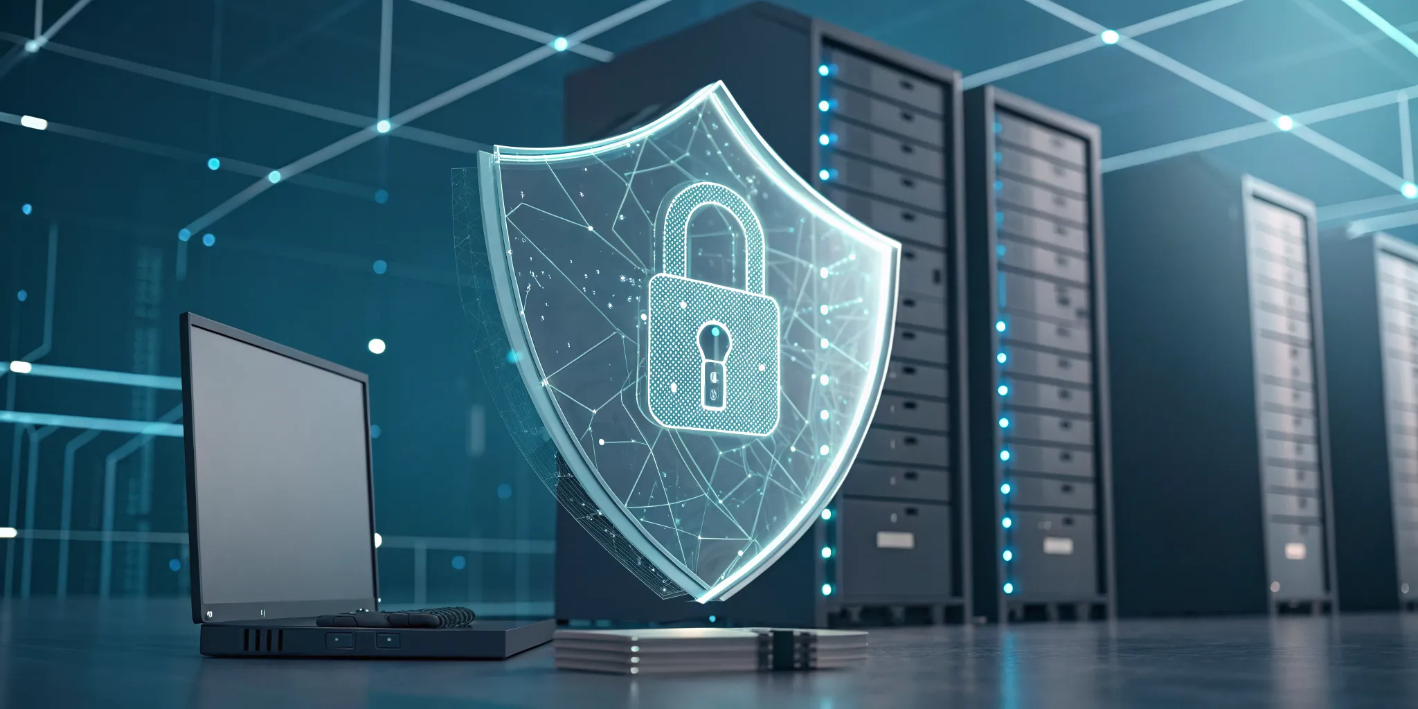 DLP software with a shield icon protecting data on a laptop and servers.