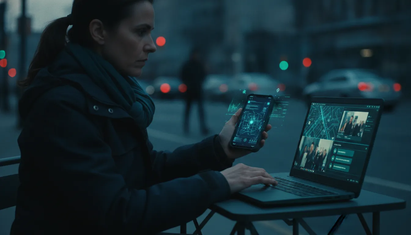 Private investigator using secure mobile apps during field surveillance