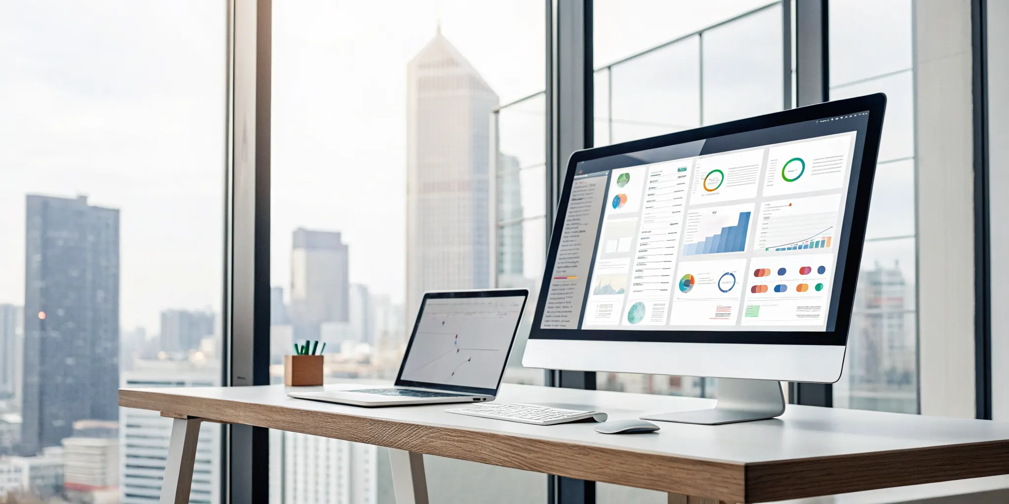 Case management system software dashboards and analytics displayed on computer and laptop screens.