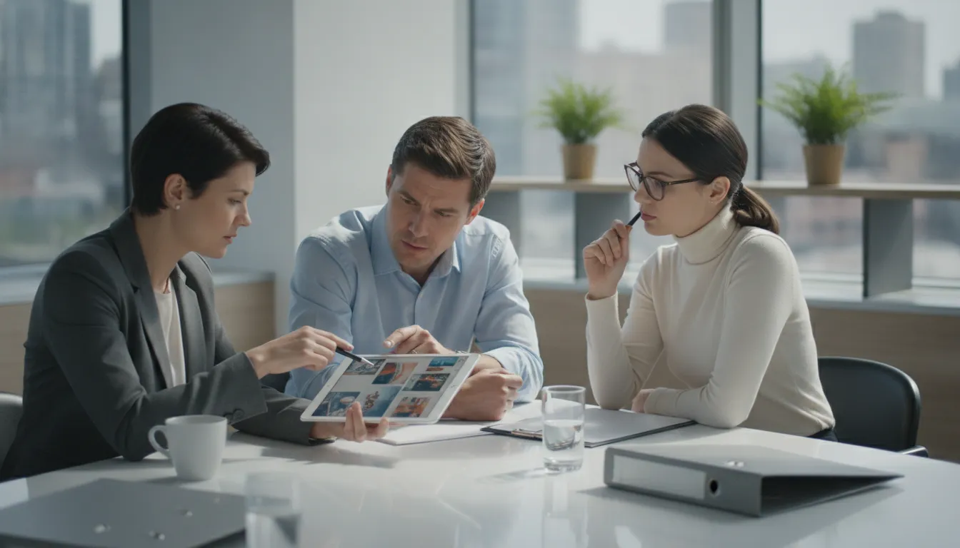 Private investigation team reviewing case evidence on a tablet in a modern office