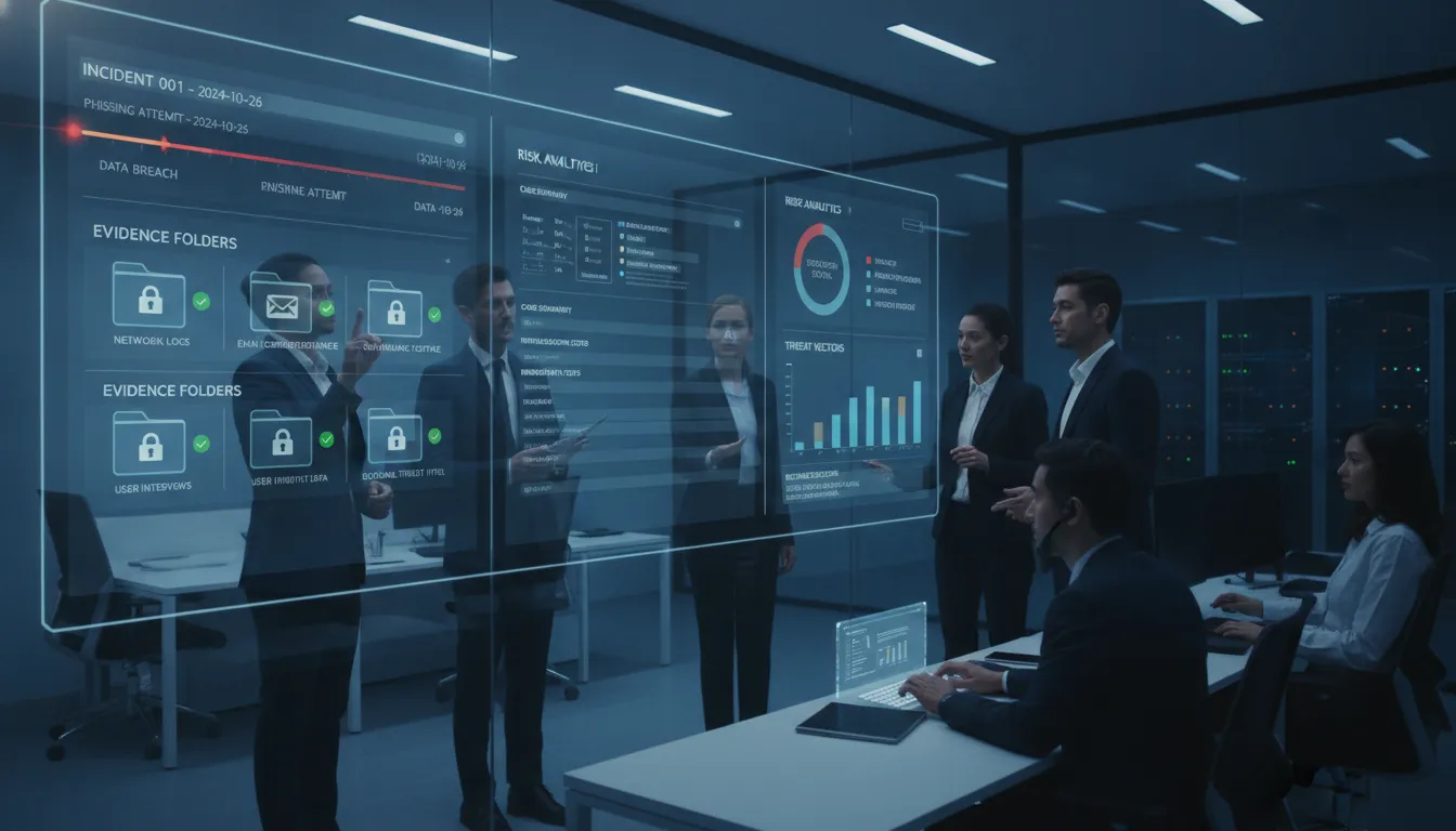 Corporate security team reviewing incident case files on a digital investigation dashboard