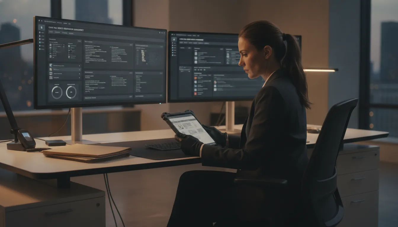 Private investigator reviewing digital evidence on tablet with dual monitors displaying case management software in a modern office