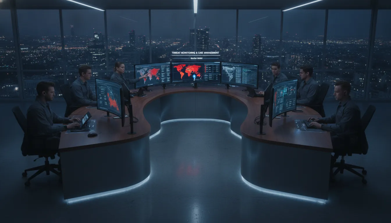 Executive protection team using digital screens and tablets with threat monitoring maps and case management dashboards in a security operations center
