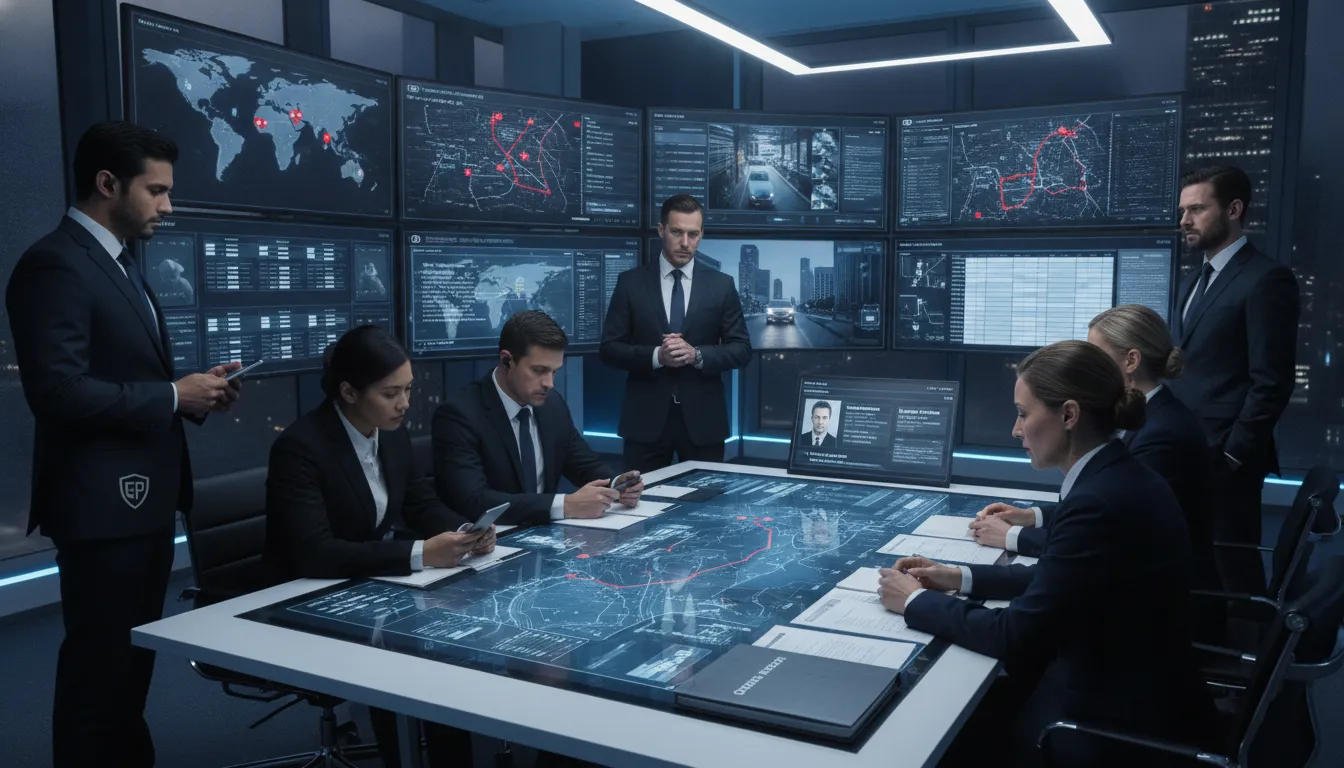 Executive protection team coordinating a security detail in a modern command center with digital threat monitoring screens