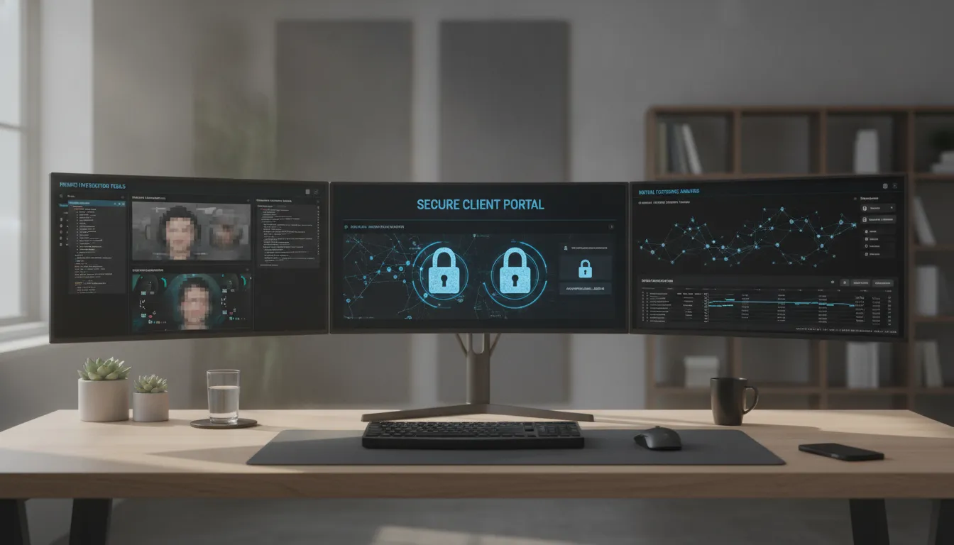 Modern security investigator desk with computer screens showing a secure client portal dashboard