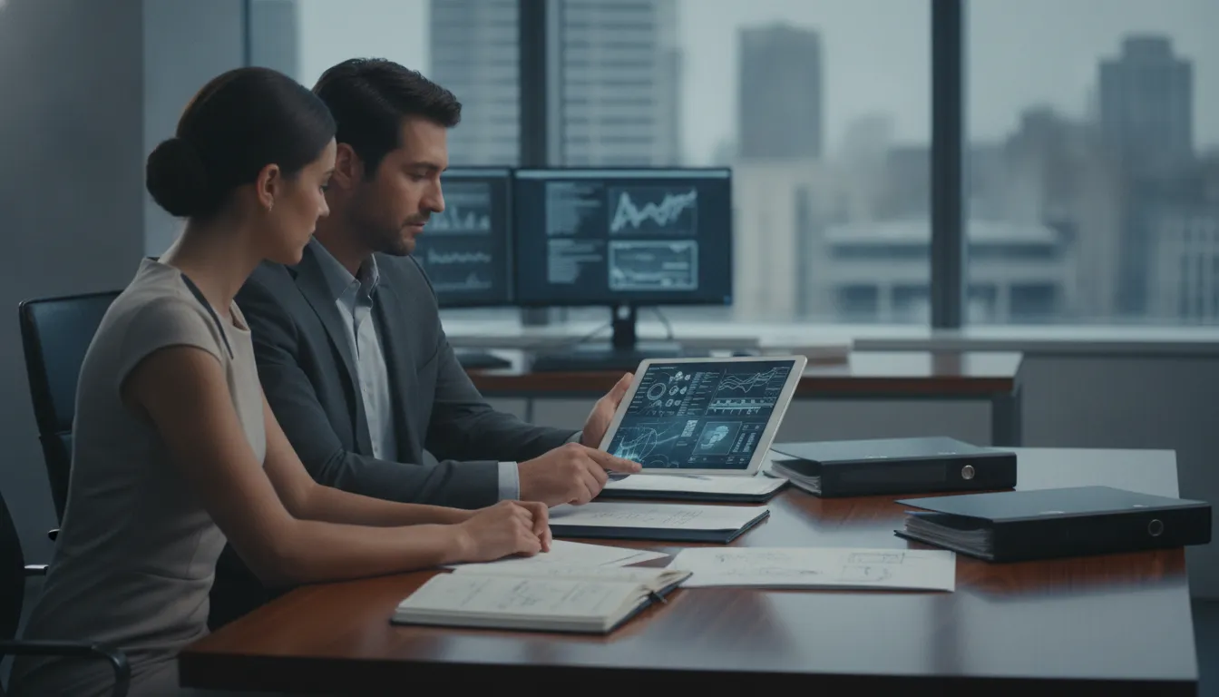 Private investigator reviewing case files on tablet in professional office