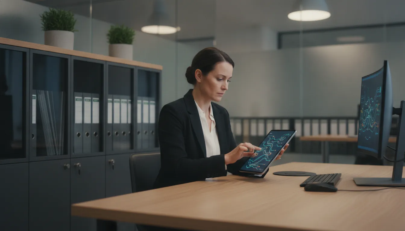 Insurance investigator reviewing digital evidence on tablet in professional office environment