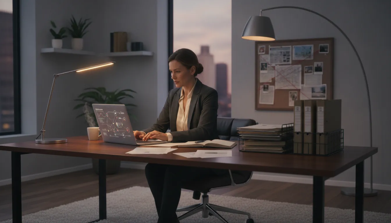 Solo private investigator working at a desk with case files and laptop