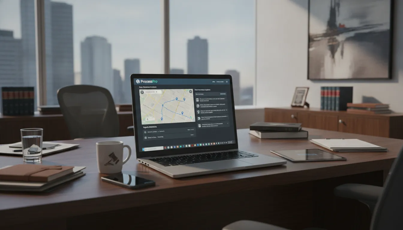 Modern legal office workspace with laptop showing process server case management software dashboard