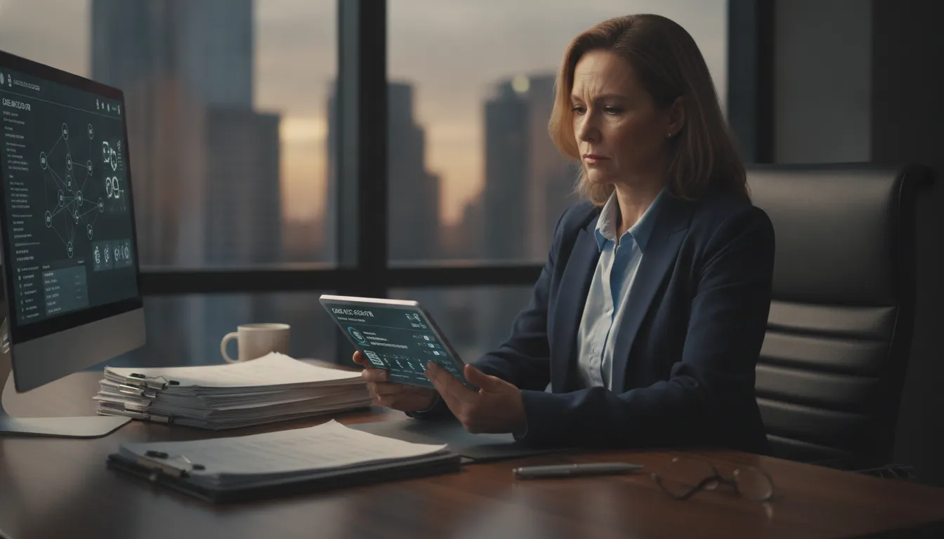 Professional insurance fraud investigator reviewing digital case files and evidence on a tablet with case management software interface