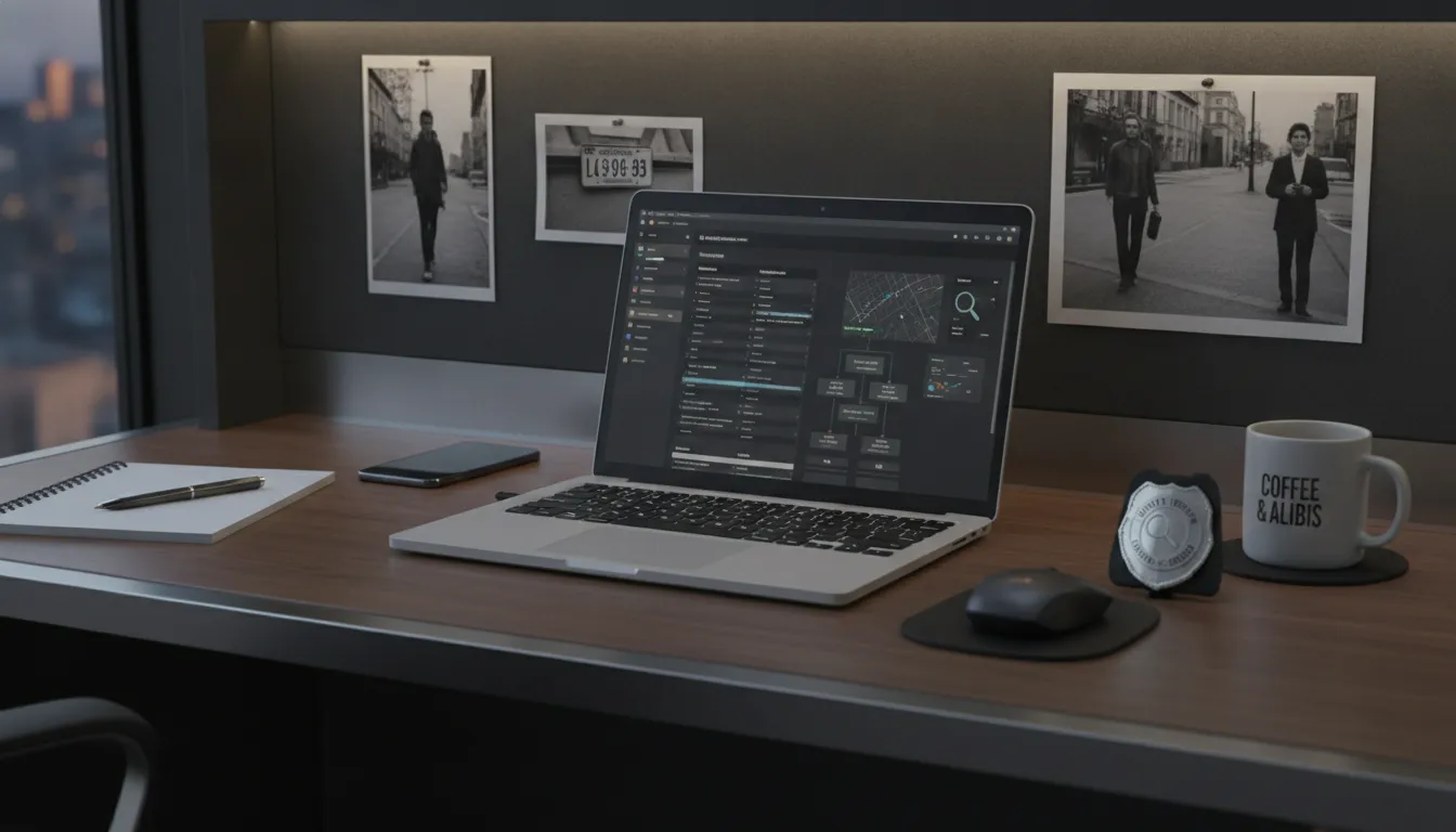 Private investigator's desk with laptop displaying case management software, surveillance photos, and badge