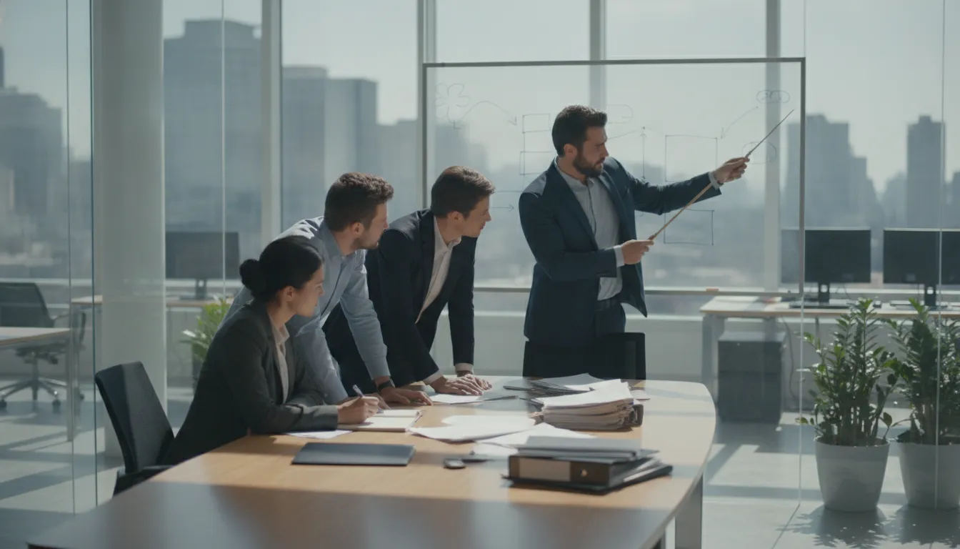 Private investigators collaborating at a conference table in a modern investigation office