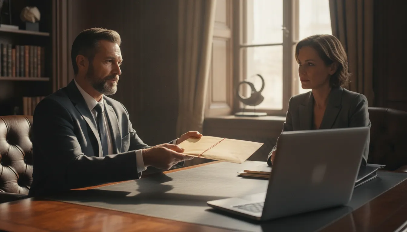 Private investigator reviewing client documents at a desk with a client