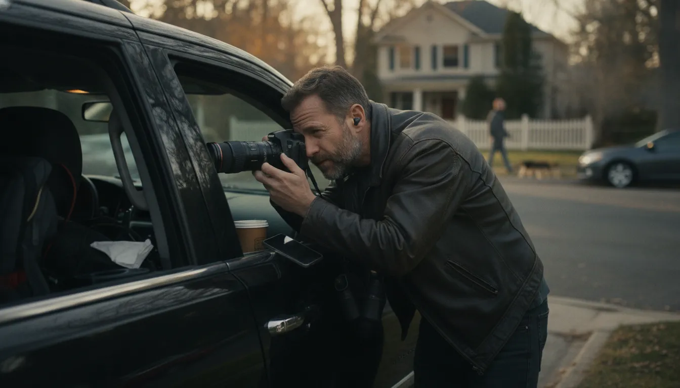 Private investigator documenting a surveillance assignment in the field