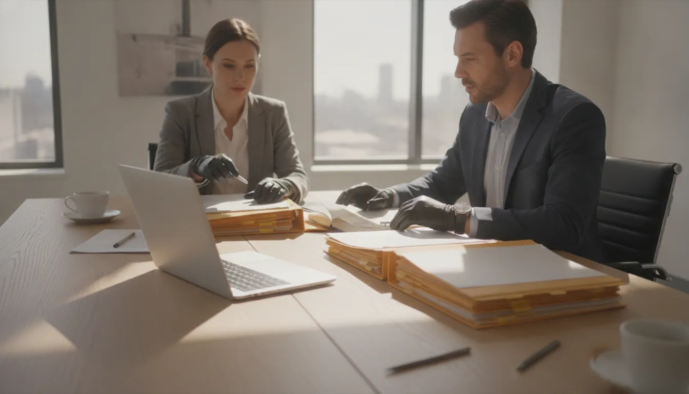 Private investigators reviewing client intake records together