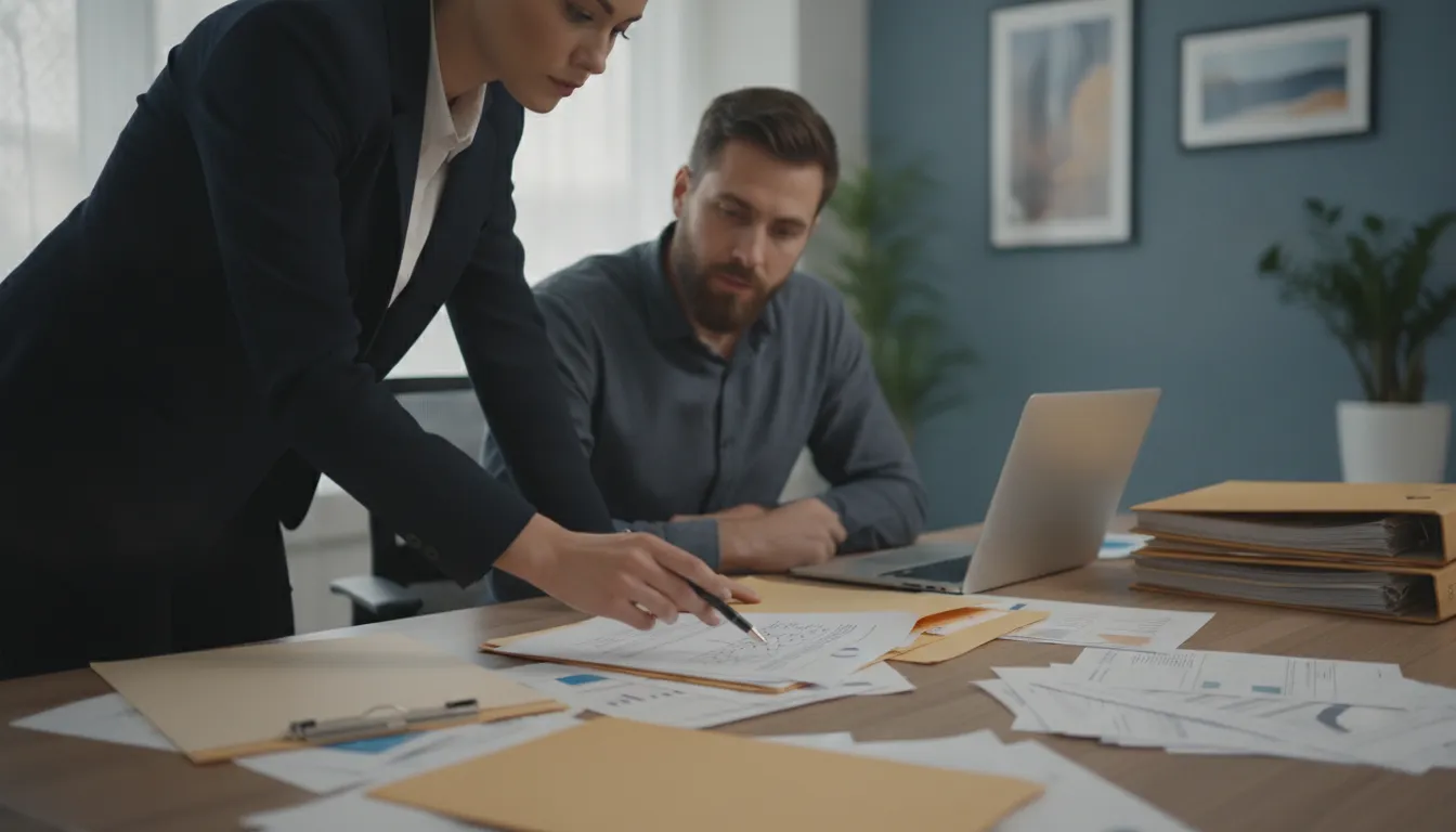 Private investigator reviewing case work in a professional investigation office