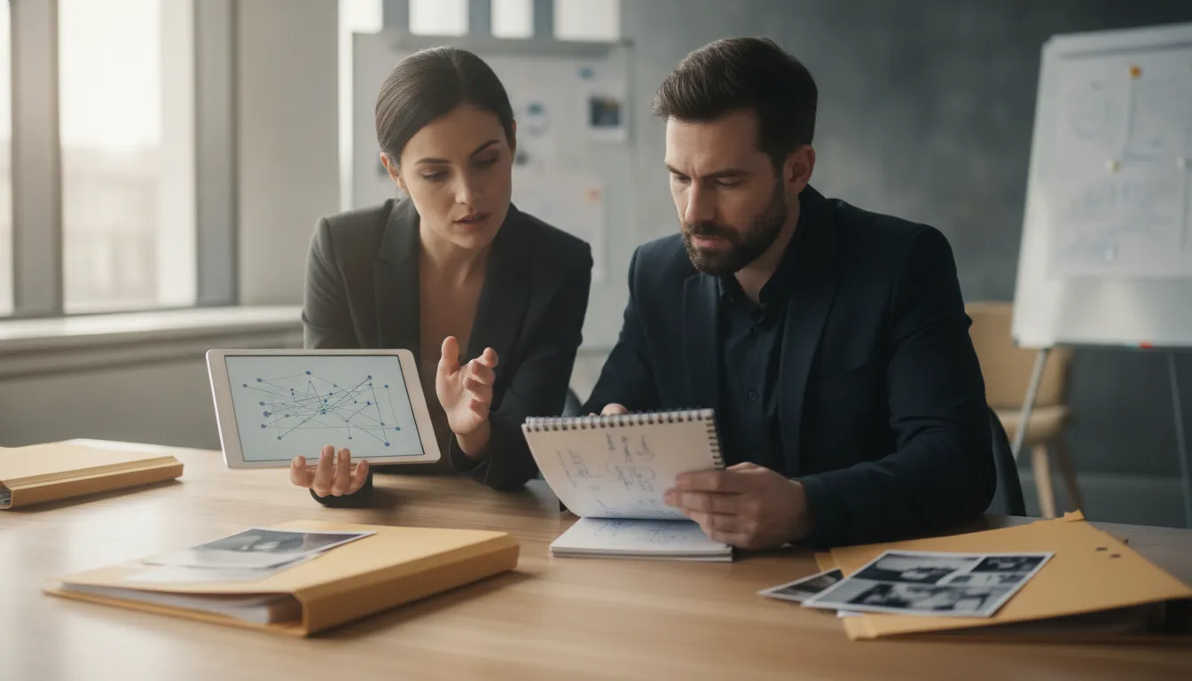 Investigators collaborating on a case at an modern investigation firm office