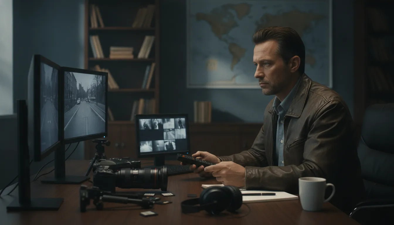 Private investigator managing body-worn and dash cam surveillance video evidence in the office