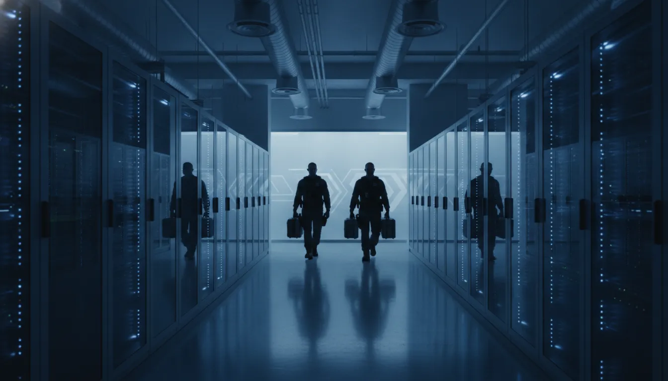 Secure server infrastructure with blue lighting representing data security and CJIS compliance environment