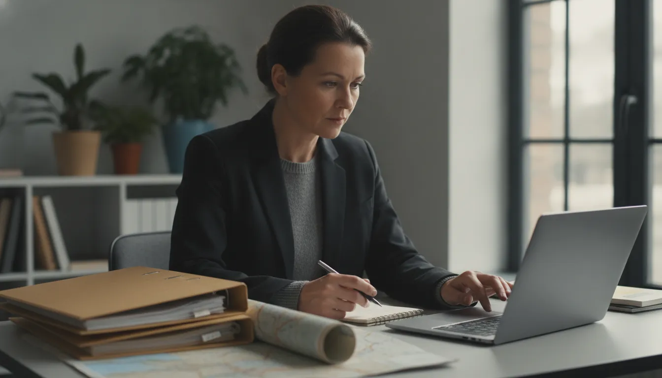 A private investigator reviewing surveillance field notes and an open case file at a desk