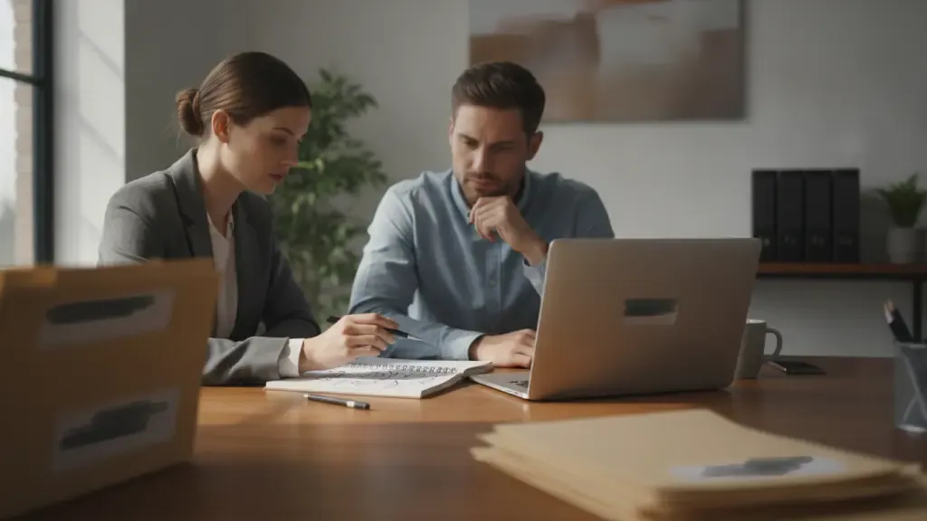 Private investigators reviewing organized case notes with AI-assisted workflow