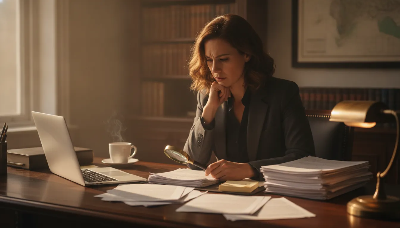 Private investigator reviewing research sources and case notes