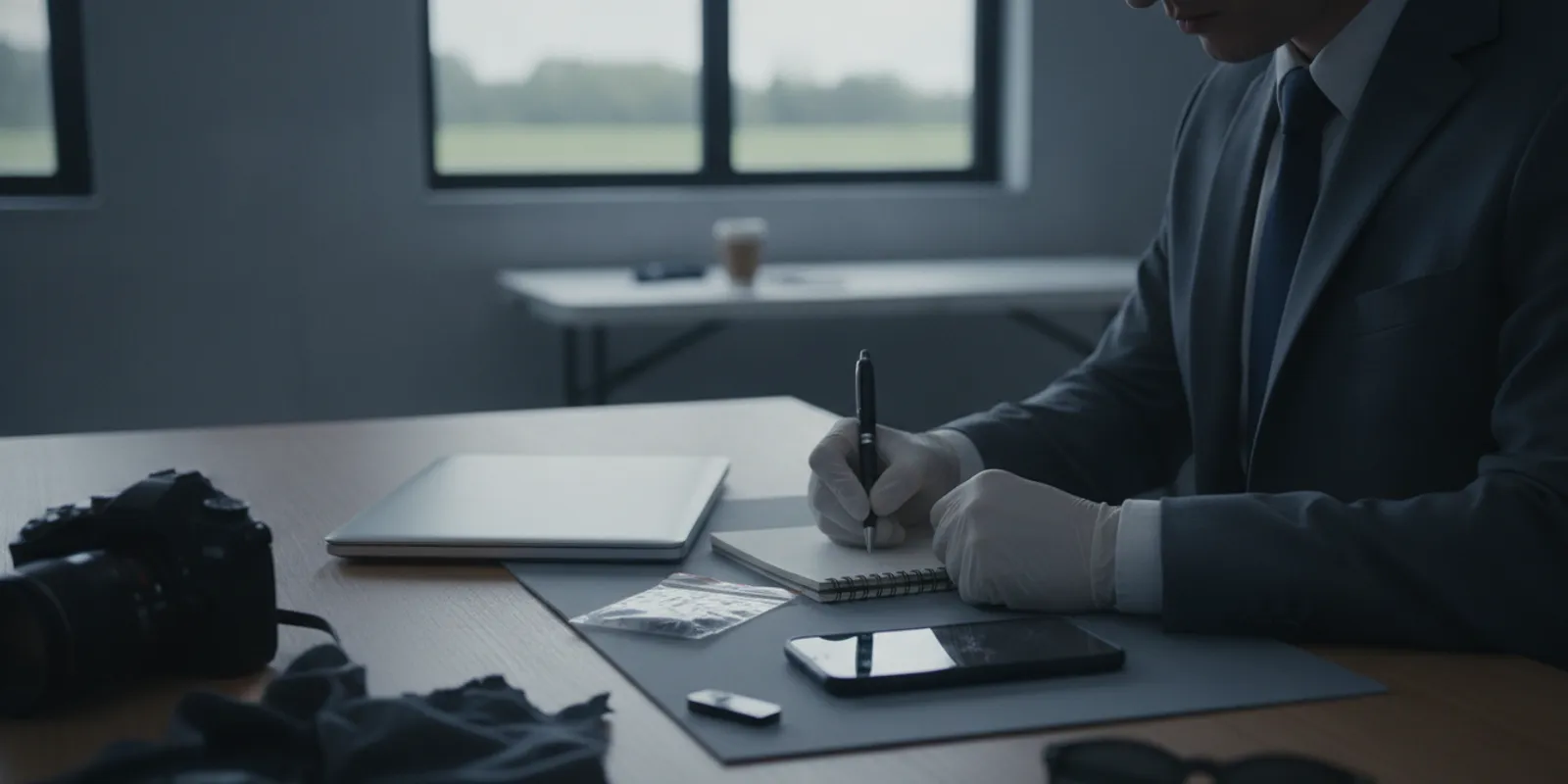 Investigator documenting a phone and related evidence at a field workstation