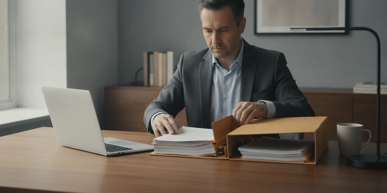 Investigator organizing a case folder and reviewing documents at a desk